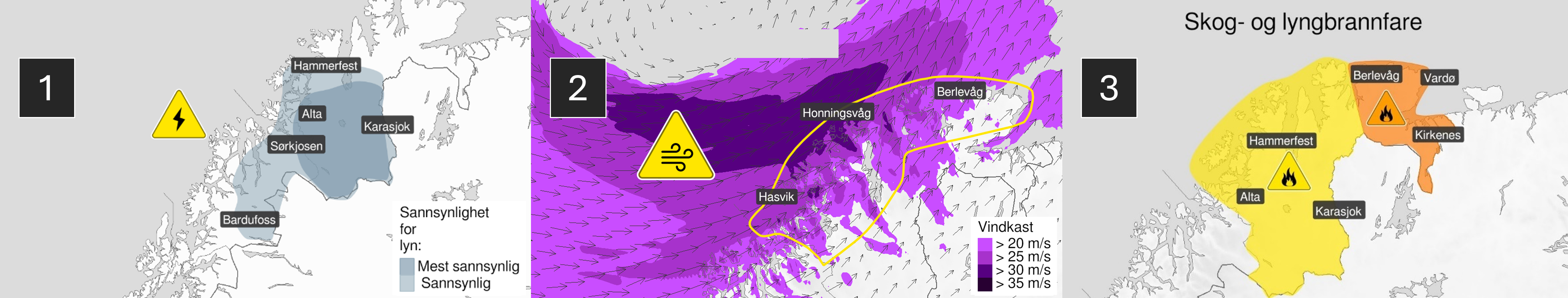 Visuell oppgave. Kandidater som er påmeldt eksamen tilpasset blinde og svaksynte får eget oppgavesett. Tre ulike farevarsel for Finnmark.