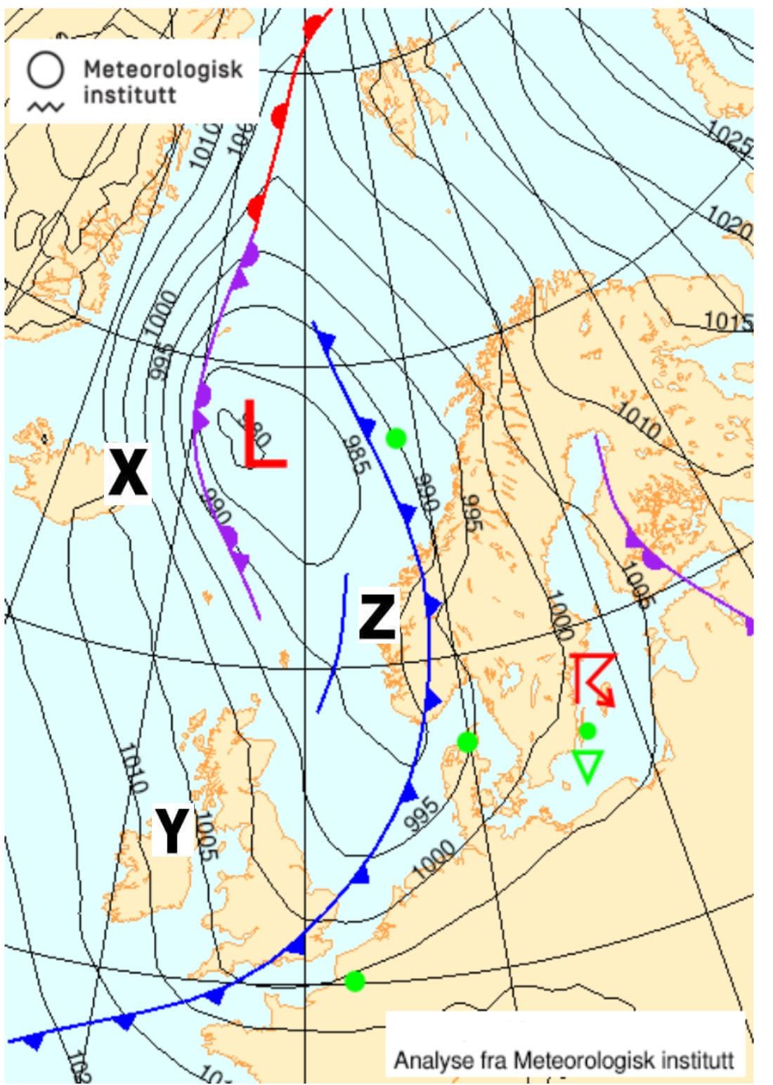 Visuell oppgave. Kandidater som er påmeldt eksamen tilpasset blinde og svaksynte får eget oppgavesett. Værkart over Nord-Europa.