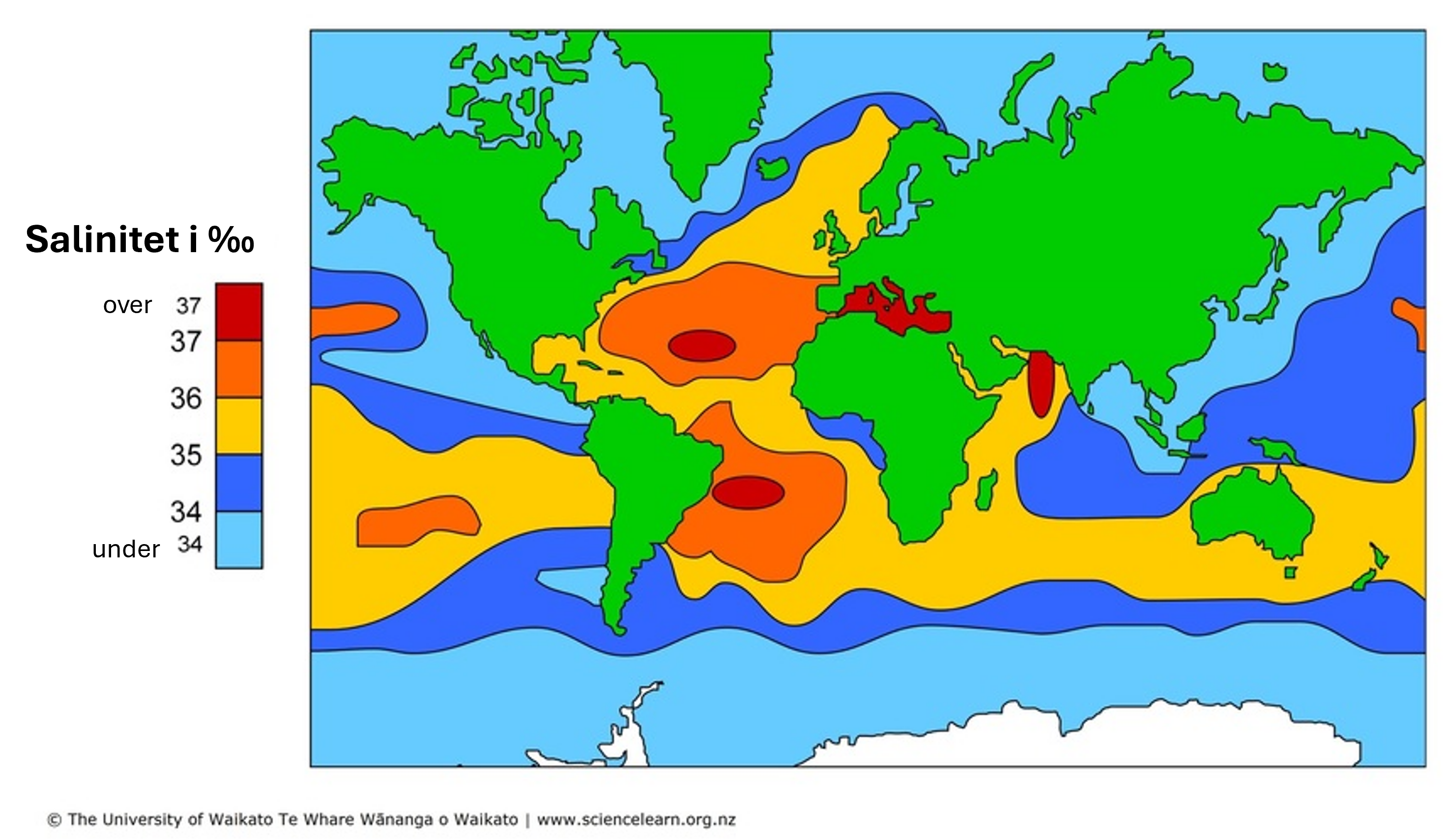 Visuell oppgave. Kandidater som er påmeldt eksamen tilpasset blinde og svaksynte får eget oppgavesett. Hvordan salinitet er fordelt i verdenshavene.