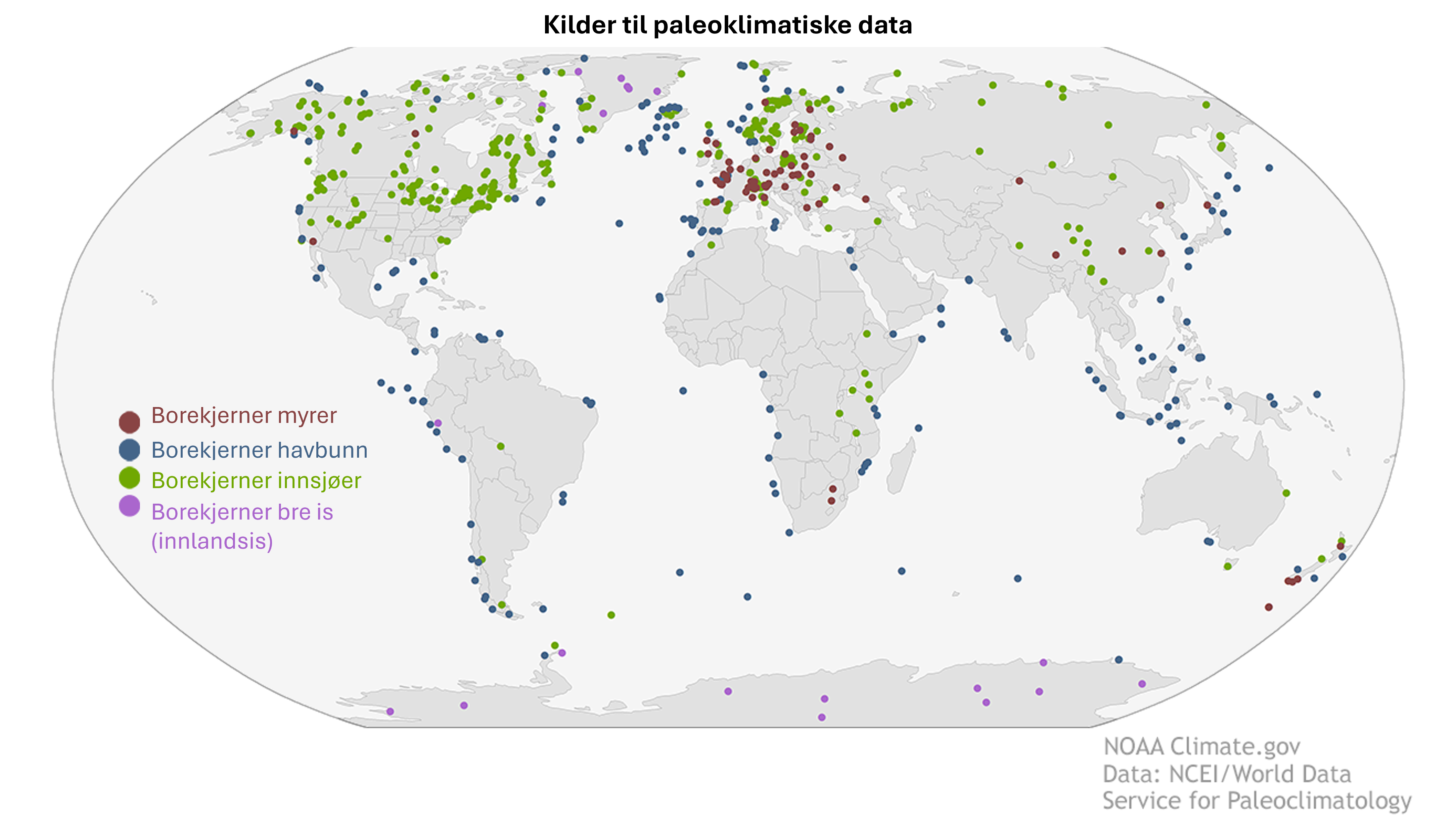 Visuell oppgave. Kandidater som er påmeldt eksamen tilpasset blinde og svaksynte får eget oppgavesett. Kart som viser posisjoner der man har tatt ut borekjerner fra myrer, havbunn, innsjøer og innlandsis.