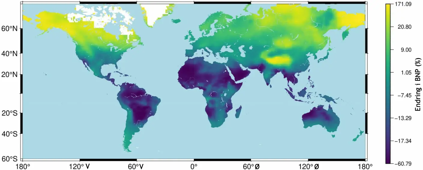 Visuell oppgave. Kandidater som er påmeldt eksamen tilpasset blinde og svaksynte får eget oppgavesett. Kartet viser endring i økonomisk produksjon i 2090 sammenliknet med i dag.